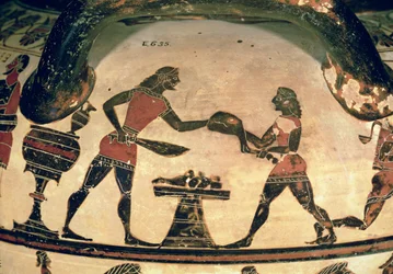 Diener bereiten Essen für ein Symposium vor, Detail von einem frühkorinthischen schwarzfigurigen Säulenkrater, aus Cerveteri, ca. 600 v. Chr. (Detail)